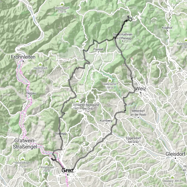 Miniatura della mappa di ispirazione al ciclismo "In sella ai colli di Stattegg" nella regione di Steiermark, Austria. Generata da Tarmacs.app, pianificatore di rotte ciclistiche