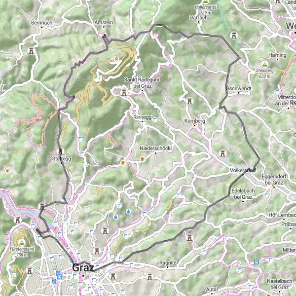 Miniaturní mapa "Okružní cyklostezka Stattegg-Fuchskogel-Hart-Purgstall-Schweinberg" inspirace pro cyklisty v oblasti Steiermark, Austria. Vytvořeno pomocí plánovače tras Tarmacs.app