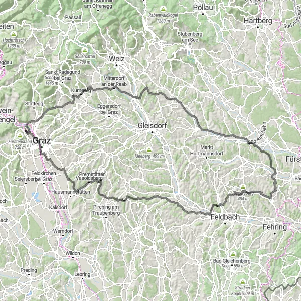 Miniaturní mapa "Cyklotrasa Admonter Kogel-Mitterdorf an der Raab-Neudorf bei Ilz-Zotter Schokoladen Manufaktur-Raaba" inspirace pro cyklisty v oblasti Steiermark, Austria. Vytvořeno pomocí plánovače tras Tarmacs.app