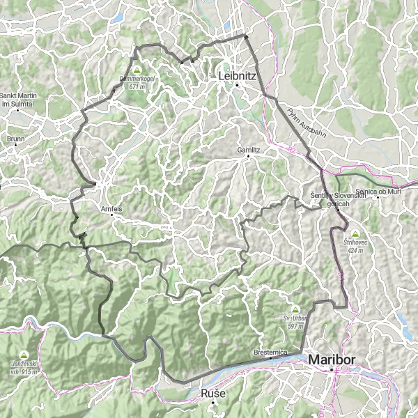 Miniaturní mapa "Okruh Gralla - Tillmitsch (Steiermark, Rakousko)" inspirace pro cyklisty v oblasti Steiermark, Austria. Vytvořeno pomocí plánovače tras Tarmacs.app