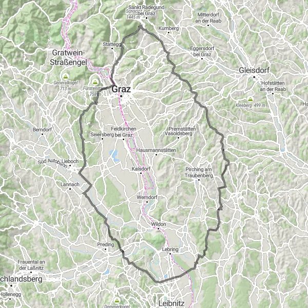 Miniatura della mappa di ispirazione al ciclismo "Ciclovia Tillmitsch-Kainbach bei Graz" nella regione di Steiermark, Austria. Generata da Tarmacs.app, pianificatore di rotte ciclistiche