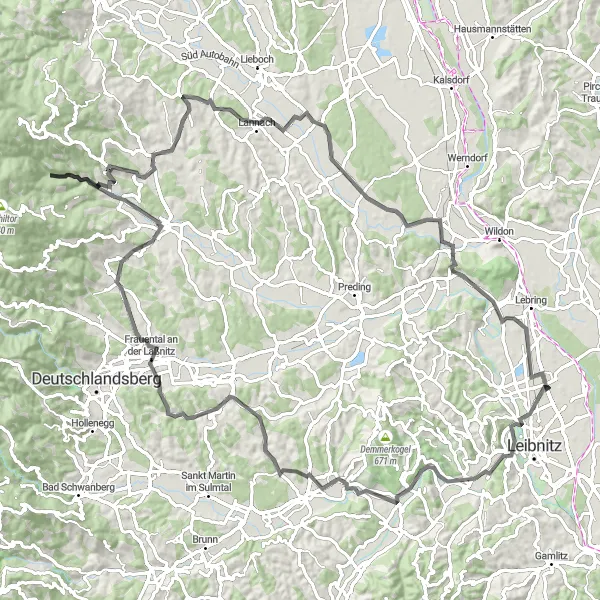 Map miniature of "Koglberg and Burgruine Wessenstein Road Cycling Route" cycling inspiration in Steiermark, Austria. Generated by Tarmacs.app cycling route planner