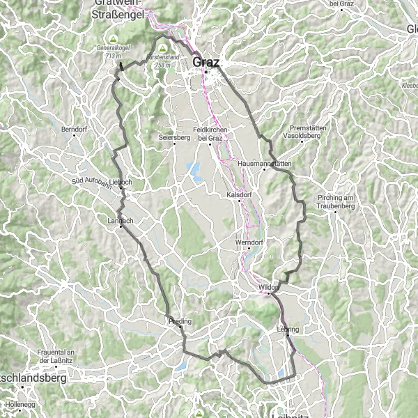 Map miniature of "Gösting Castle and Allerheiligen bei Wildon Circuit" cycling inspiration in Steiermark, Austria. Generated by Tarmacs.app cycling route planner