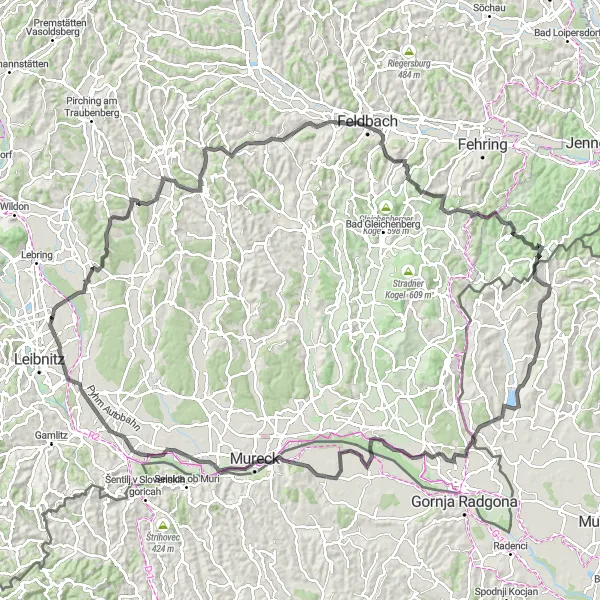 Karttaminiaatyyri "Rosentalin kierros" pyöräilyinspiraatiosta alueella Steiermark, Austria. Luotu Tarmacs.app pyöräilyreittisuunnittelijalla