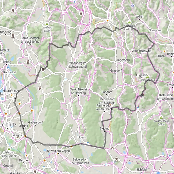 Mapa miniatúra "Trasa k skalným podujatiam" cyklistická inšpirácia v Steiermark, Austria. Vygenerované cyklistickým plánovačom trás Tarmacs.app