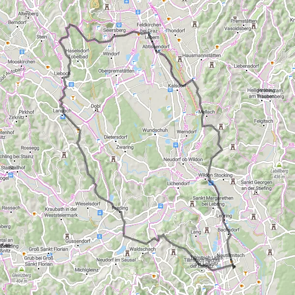 Miniature de la carte de l'inspiration cycliste "Boucle des Collines de Graz" dans la Steiermark, Austria. Générée par le planificateur d'itinéraire cycliste Tarmacs.app
