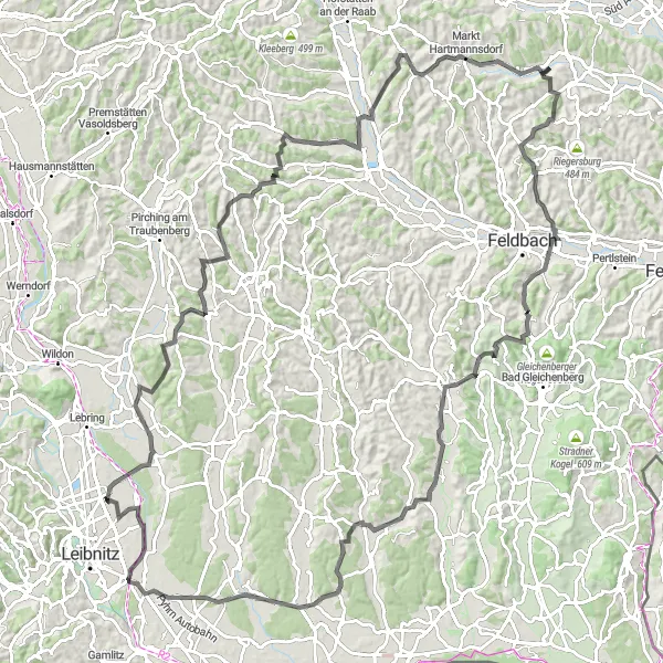 Karten-Miniaturansicht der Radinspiration "Herausfordernde Tour um Gralla - Labillberg und Schlossriegel" in Steiermark, Austria. Erstellt vom Tarmacs.app-Routenplaner für Radtouren