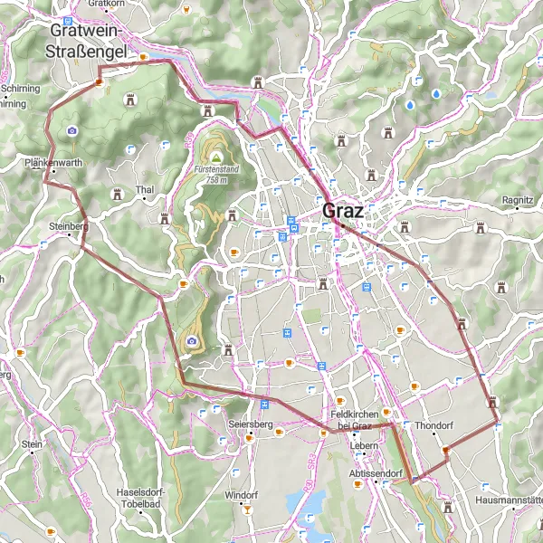 Miniature de la carte de l'inspiration cycliste "Exploration de la campagne de Graz" dans la Steiermark, Austria. Générée par le planificateur d'itinéraire cycliste Tarmacs.app