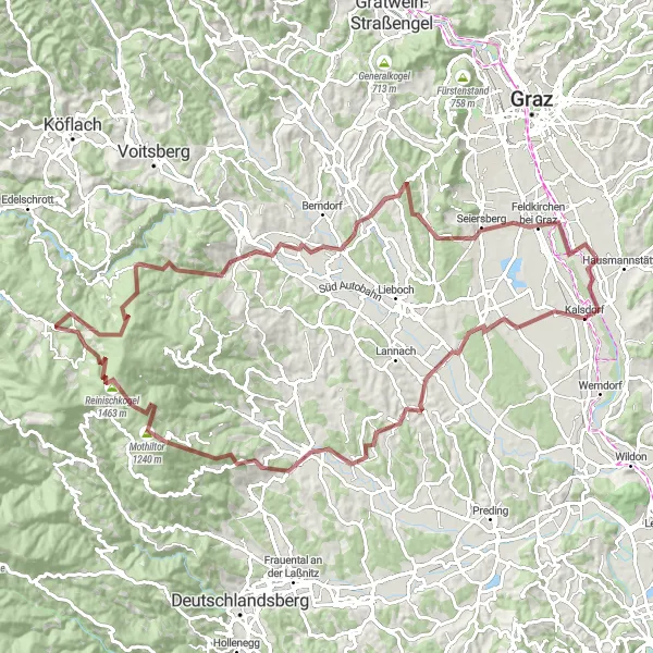 Miniaturní mapa "Gravelová cyklotrasa okolo Grambachu" inspirace pro cyklisty v oblasti Steiermark, Austria. Vytvořeno pomocí plánovače tras Tarmacs.app