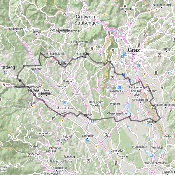Kartminiatyr av "Graz and Surroundings Road Cycling Adventure" sykkelinspirasjon i Steiermark, Austria. Generert av Tarmacs.app sykkelrutoplanlegger