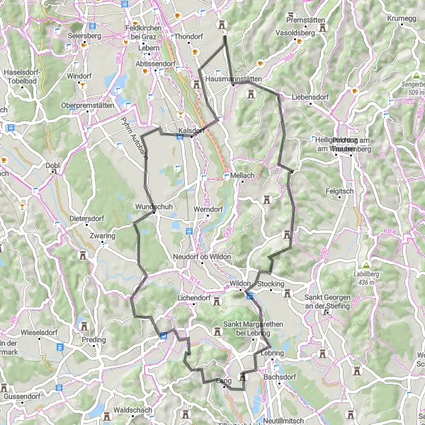 Zemljevid v pomanjšavi "62 km Kulturno-kolesarski poudarki" kolesarske inspiracije v Steiermark, Austria. Generirano z načrtovalcem kolesarskih poti Tarmacs.app