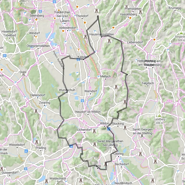 Kartminiatyr av "Hausmannstätten Kögelberg Wildoner Schloßberg Lebring Hengsberg Steinbruchriegel Gössendorf cykelväg (väg)" cykelinspiration i Steiermark, Austria. Genererad av Tarmacs.app cykelruttplanerare