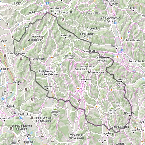 Karttaminiaatyyri "Vuoristoiset Maisemat ja Kulttuurihistorialliset Löydöt: Grambach-Stiftinger Dreiviertel-Liebenau Road" pyöräilyinspiraatiosta alueella Steiermark, Austria. Luotu Tarmacs.app pyöräilyreittisuunnittelijalla