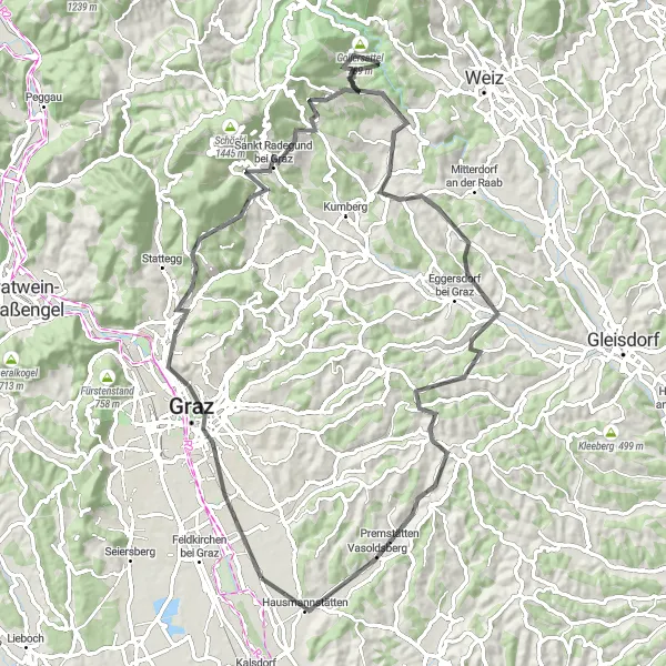 Karttaminiaatyyri "Graz - Dörfla Road Challenge" pyöräilyinspiraatiosta alueella Steiermark, Austria. Luotu Tarmacs.app pyöräilyreittisuunnittelijalla