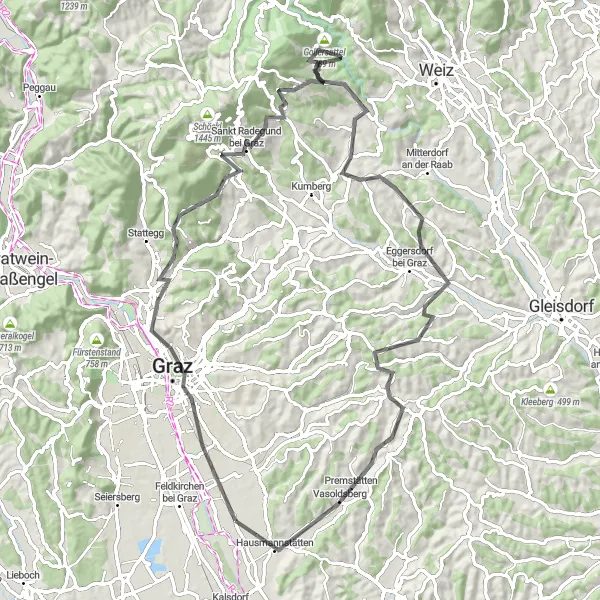 Miniatua del mapa de inspiración ciclista "Recorrido Escénico de 85 km desde Grambach a Vasoldsberg" en Steiermark, Austria. Generado por Tarmacs.app planificador de rutas ciclistas