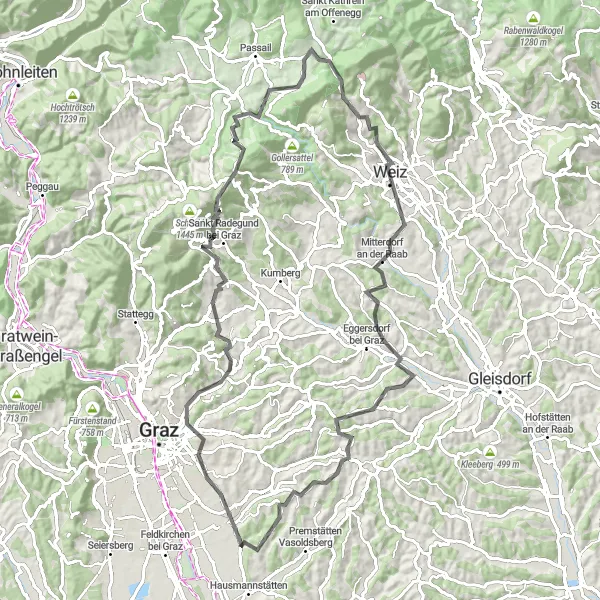 Zemljevid v pomanjšavi "92 km za resne kolesarke ekipe" kolesarske inspiracije v Steiermark, Austria. Generirano z načrtovalcem kolesarskih poti Tarmacs.app