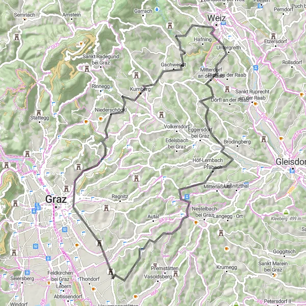 Karttaminiaatyyri "Kulttuurihistorialliset kohteet ja Upeat Näköalat: Grambach-Kirchberg Road - Weinitzen" pyöräilyinspiraatiosta alueella Steiermark, Austria. Luotu Tarmacs.app pyöräilyreittisuunnittelijalla