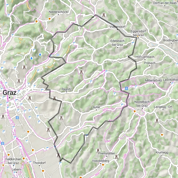 Miniatura della mappa di ispirazione al ciclismo "Circuito di Raaba e Hauenstein" nella regione di Steiermark, Austria. Generata da Tarmacs.app, pianificatore di rotte ciclistiche