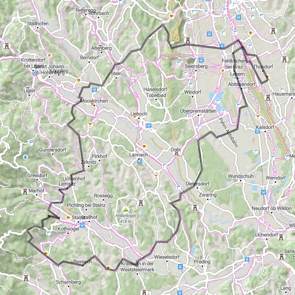 Miniatura della mappa di ispirazione al ciclismo "Tour in bicicletta tra i vigneti di Steiermark" nella regione di Steiermark, Austria. Generata da Tarmacs.app, pianificatore di rotte ciclistiche