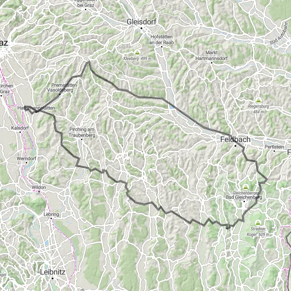 Zemljevid v pomanjšavi "Steiermark Zmajčki cikel" kolesarske inspiracije v Steiermark, Austria. Generirano z načrtovalcem kolesarskih poti Tarmacs.app