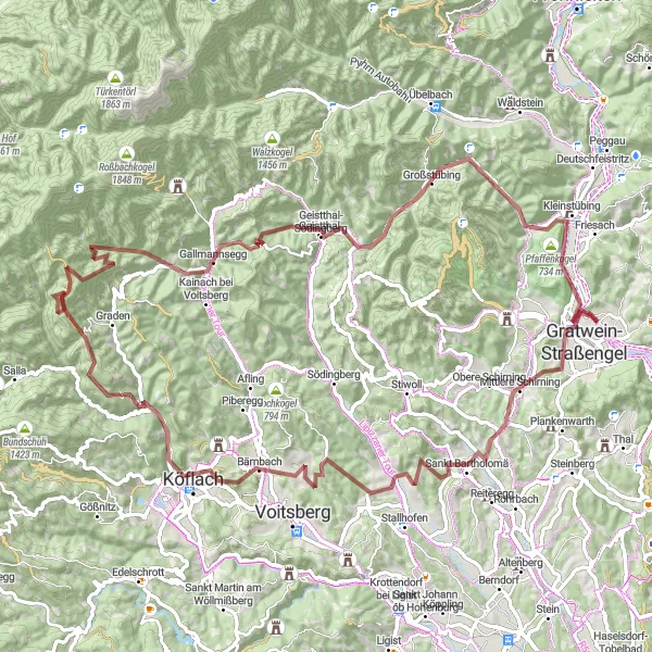 Miniatura della mappa di ispirazione al ciclismo "Tour di ciclismo Gravel da Gratkorn" nella regione di Steiermark, Austria. Generata da Tarmacs.app, pianificatore di rotte ciclistiche