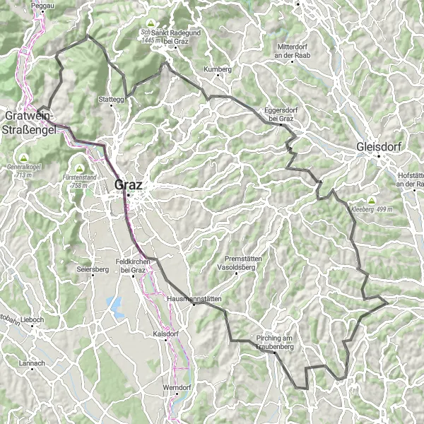 Miniatua del mapa de inspiración ciclista "Ruta en carretera a través de Graz" en Steiermark, Austria. Generado por Tarmacs.app planificador de rutas ciclistas