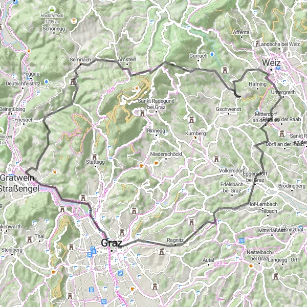 Miniatura mapy "Trasa rowerowa Gratkorn - Semriach - Windhofkogel - Mortantsch - Haselberg - Eggersdorf bei Graz - Graz - Schlossberg - Kanzelkogel" - trasy rowerowej w Steiermark, Austria. Wygenerowane przez planer tras rowerowych Tarmacs.app