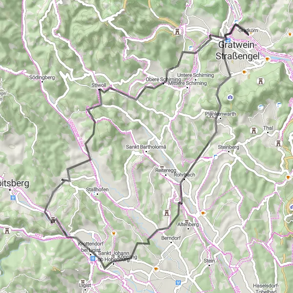 Mapa miniatúra "53 km okruh na cestách" cyklistická inšpirácia v Steiermark, Austria. Vygenerované cyklistickým plánovačom trás Tarmacs.app
