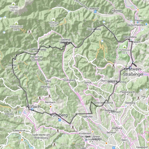 Zemljevid v pomanjšavi "Popotovanje po Plankenwarthu" kolesarske inspiracije v Steiermark, Austria. Generirano z načrtovalcem kolesarskih poti Tarmacs.app