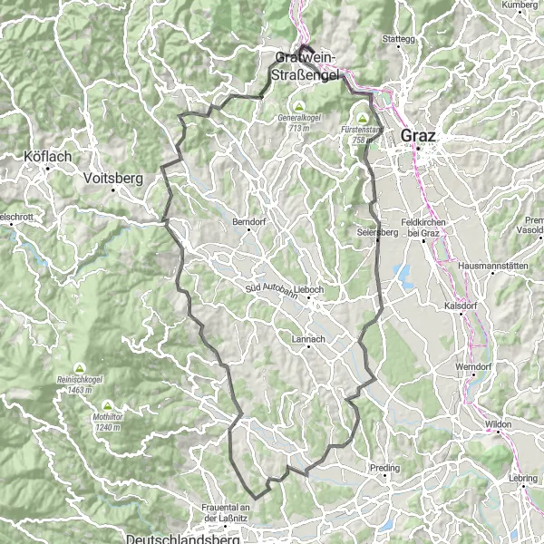 Miniatura della mappa di ispirazione al ciclismo "Itinerario delle Colline e Degli Altopiani" nella regione di Steiermark, Austria. Generata da Tarmacs.app, pianificatore di rotte ciclistiche