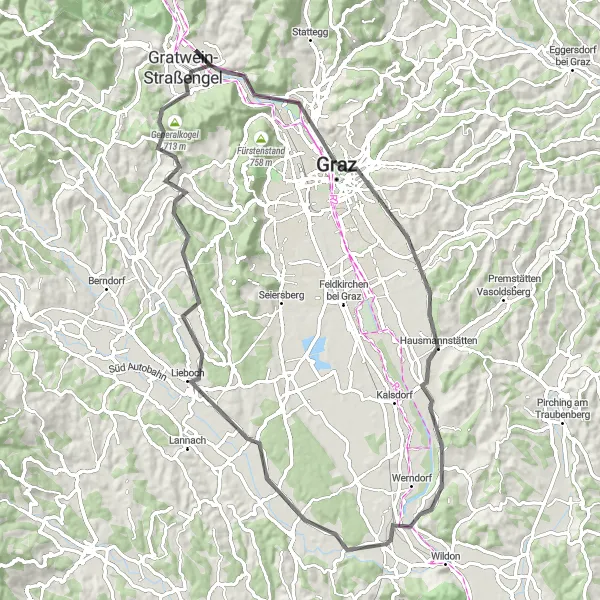 Miniature de la carte de l'inspiration cycliste "Route des Châteaux et Panoramas" dans la Steiermark, Austria. Générée par le planificateur d'itinéraire cycliste Tarmacs.app