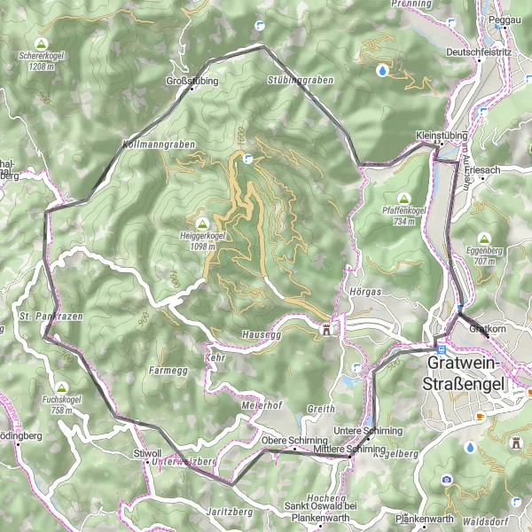 Miniatua del mapa de inspiración ciclista "Exploración de los alrededores de Gratkorn" en Steiermark, Austria. Generado por Tarmacs.app planificador de rutas ciclistas