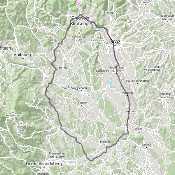 Miniatura della mappa di ispirazione al ciclismo "Giro in bicicletta da Gratkorn" nella regione di Steiermark, Austria. Generata da Tarmacs.app, pianificatore di rotte ciclistiche