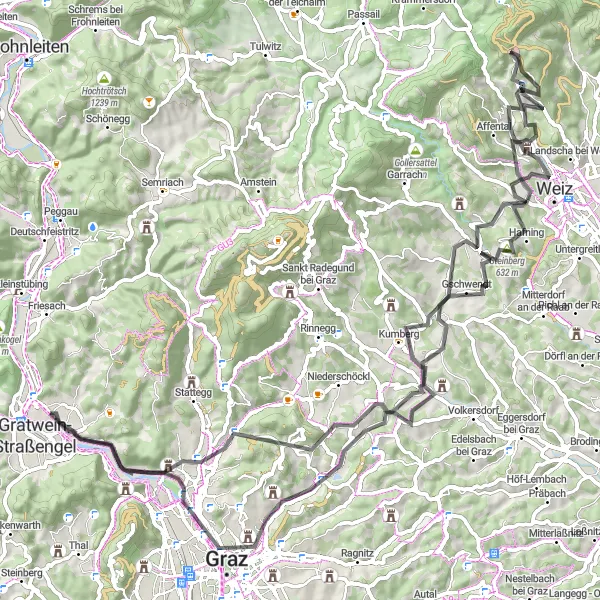 Miniatua del mapa de inspiración ciclista "Excursión por la montaña de Hirschkogel" en Steiermark, Austria. Generado por Tarmacs.app planificador de rutas ciclistas