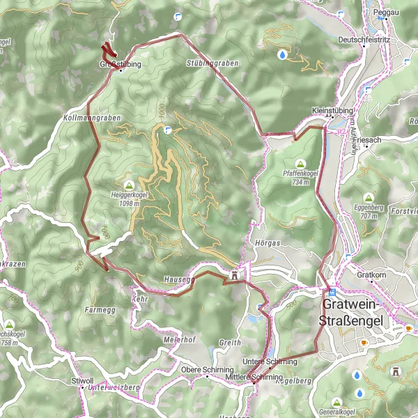 Miniaturní mapa "Gravelový výlet s výškovým metrem" inspirace pro cyklisty v oblasti Steiermark, Austria. Vytvořeno pomocí plánovače tras Tarmacs.app