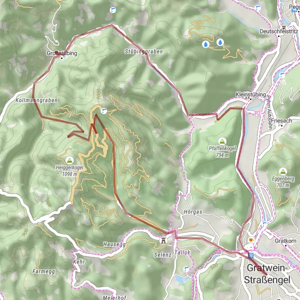 Miniatua del mapa de inspiración ciclista "Aventura en grava por los alrededores de Gratwein" en Steiermark, Austria. Generado por Tarmacs.app planificador de rutas ciclistas