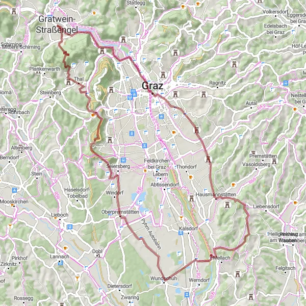 Miniaturní mapa "Gravelový okruh kolem Gratwein" inspirace pro cyklisty v oblasti Steiermark, Austria. Vytvořeno pomocí plánovače tras Tarmacs.app