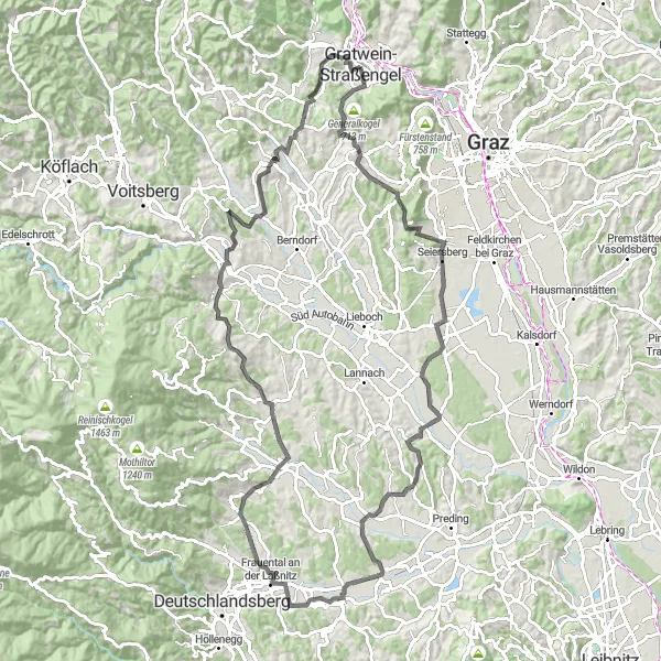 Kartminiatyr av "Stainztal og St. Florian Loop" sykkelinspirasjon i Steiermark, Austria. Generert av Tarmacs.app sykkelrutoplanlegger