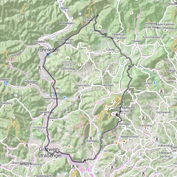 Map miniature of "The Hills of Gratwein-Straßengel" cycling inspiration in Steiermark, Austria. Generated by Tarmacs.app cycling route planner