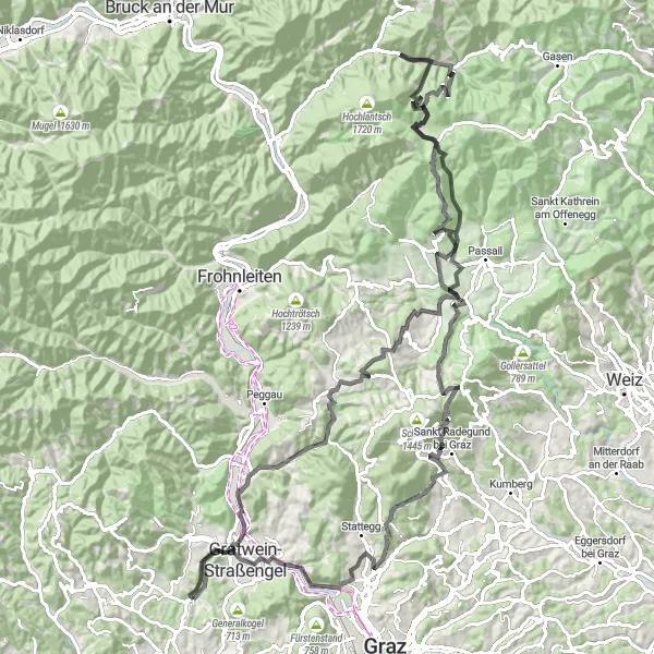 Miniatua del mapa de inspiración ciclista "Travesía en Carretera desde Gratwein con Desafiantes Ascensos" en Steiermark, Austria. Generado por Tarmacs.app planificador de rutas ciclistas