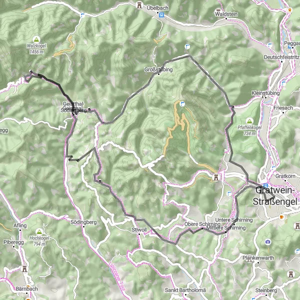 Miniaturní mapa "Vysoce náročný okruh na silnici" inspirace pro cyklisty v oblasti Steiermark, Austria. Vytvořeno pomocí plánovače tras Tarmacs.app