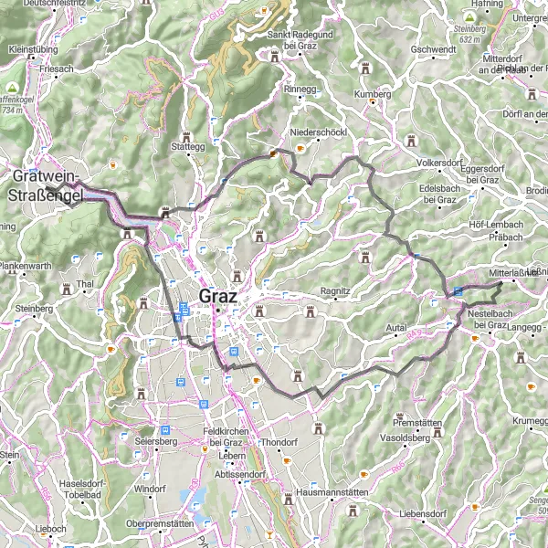 Map miniature of "Gratwein to Oberlaßnitz Road Adventure" cycling inspiration in Steiermark, Austria. Generated by Tarmacs.app cycling route planner