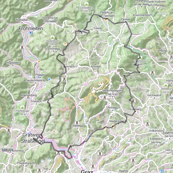 Miniature de la carte de l'inspiration cycliste "Tour des châteaux et des montagnes" dans la Steiermark, Austria. Générée par le planificateur d'itinéraire cycliste Tarmacs.app
