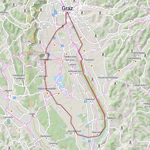 Miniaturní mapa "Okruh kolem Grazer Uhrturm" inspirace pro cyklisty v oblasti Steiermark, Austria. Vytvořeno pomocí plánovače tras Tarmacs.app