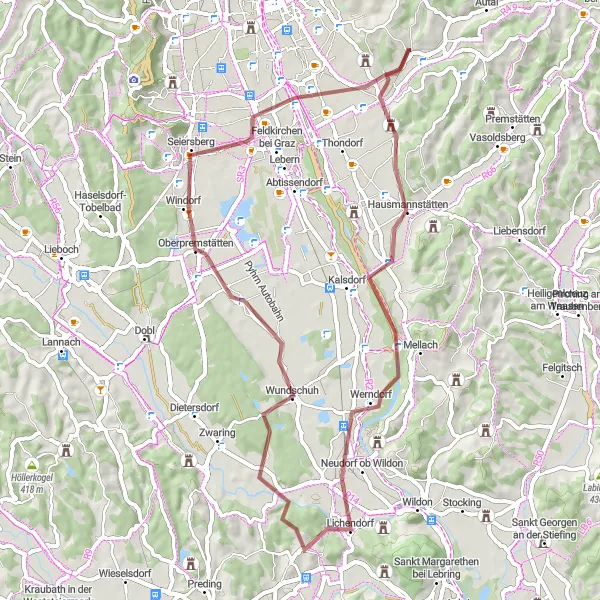 Karttaminiaatyyri "Maanteiden kauneus" pyöräilyinspiraatiosta alueella Steiermark, Austria. Luotu Tarmacs.app pyöräilyreittisuunnittelijalla