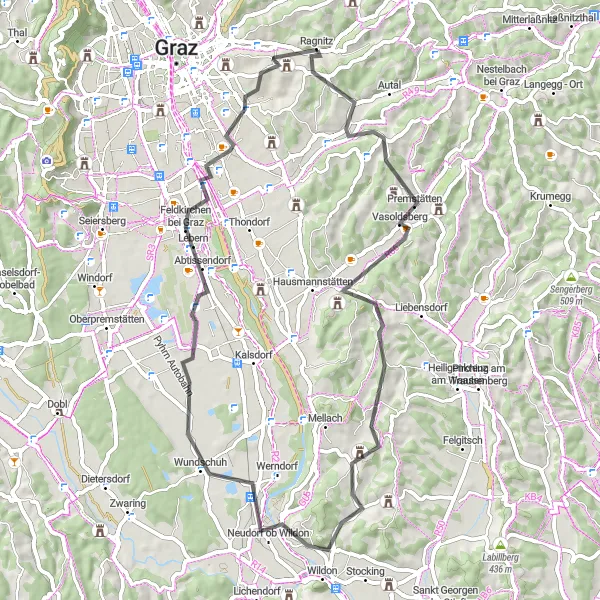 Miniatuurkaart van de fietsinspiratie "Wegroute Door Graz en Omgeving" in Steiermark, Austria. Gemaakt door de Tarmacs.app fietsrouteplanner