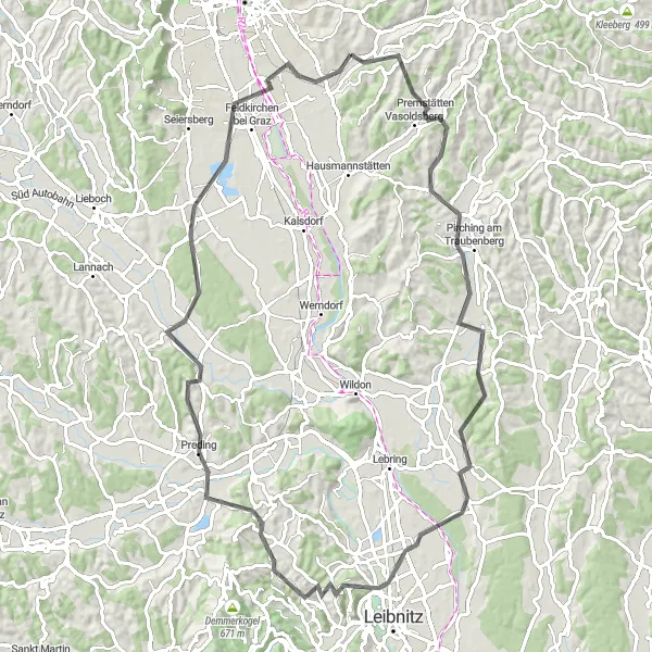 Miniaturní mapa "Road Tour k Puntigam" inspirace pro cyklisty v oblasti Steiermark, Austria. Vytvořeno pomocí plánovače tras Tarmacs.app