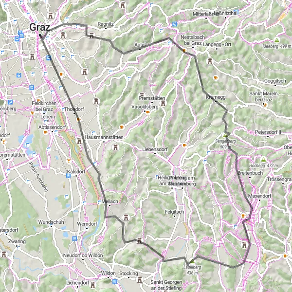 Miniatura della mappa di ispirazione al ciclismo "Giro in bicicletta da Graz" nella regione di Steiermark, Austria. Generata da Tarmacs.app, pianificatore di rotte ciclistiche