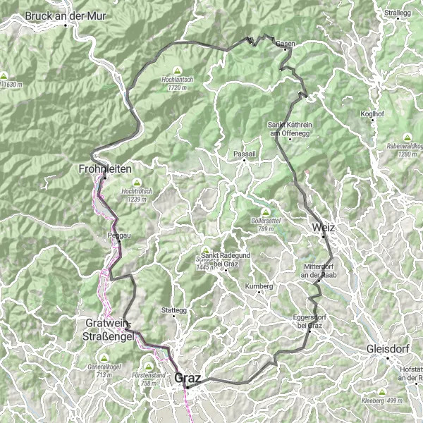 Kartminiatyr av "Utmanande cykeltur till Kriegssteig" cykelinspiration i Steiermark, Austria. Genererad av Tarmacs.app cykelruttplanerare