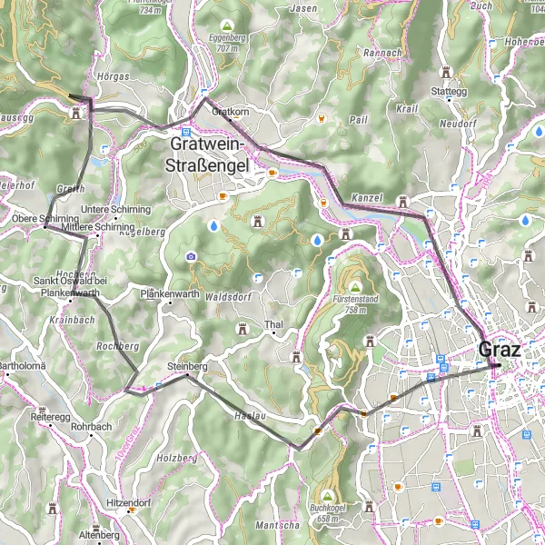 Miniatua del mapa de inspiración ciclista "Ruta por Gratkorn y Kanzelkogel" en Steiermark, Austria. Generado por Tarmacs.app planificador de rutas ciclistas
